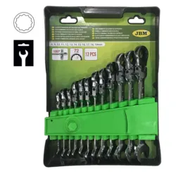 JOGO DE 12 CHAVES ARTICULADAS DE BOCA-LUNETA COM ROQUETE JBM