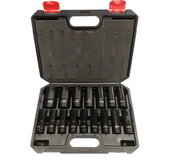 Jogo de Chaves de Caixa de Impacto Longas 1/2″ DR 6 Faces 16 Peças TOOLHUB