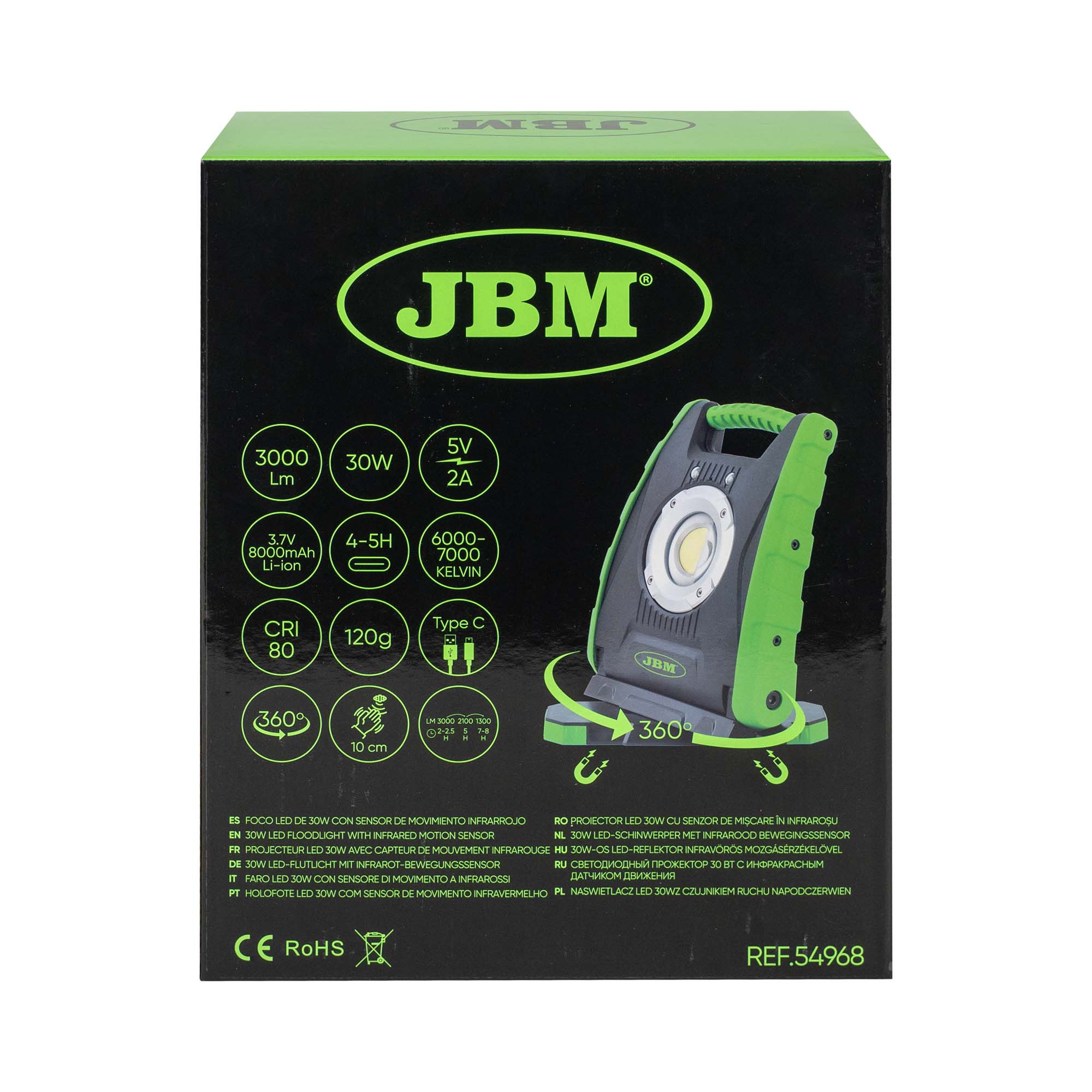 Foco LED Portátil JBM 30W com Sensor de Movimento Infravermelho 3000Lm
