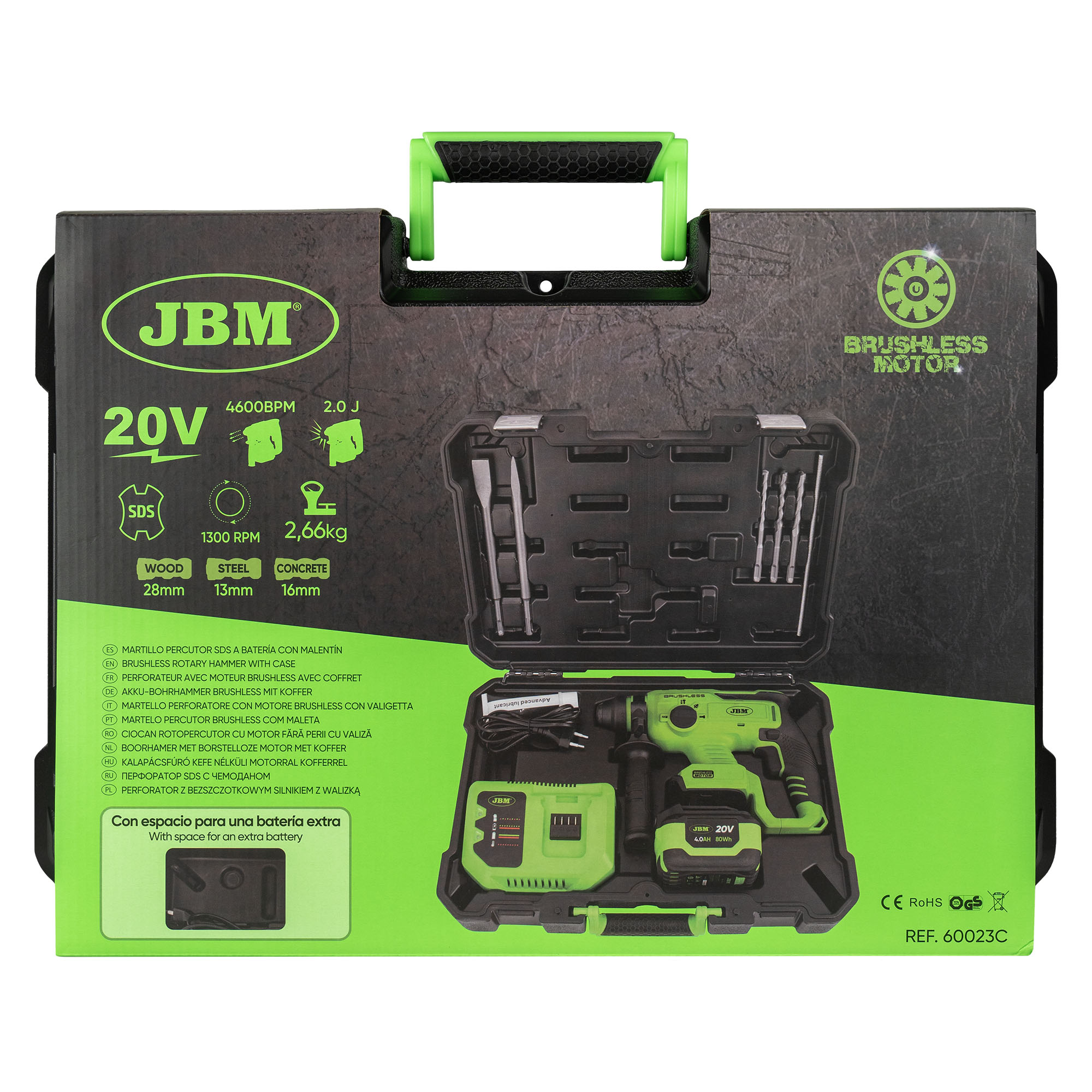 Martelo Percutor SDS a Bateria JBM 20V Brushless com Maleta e Acessórios