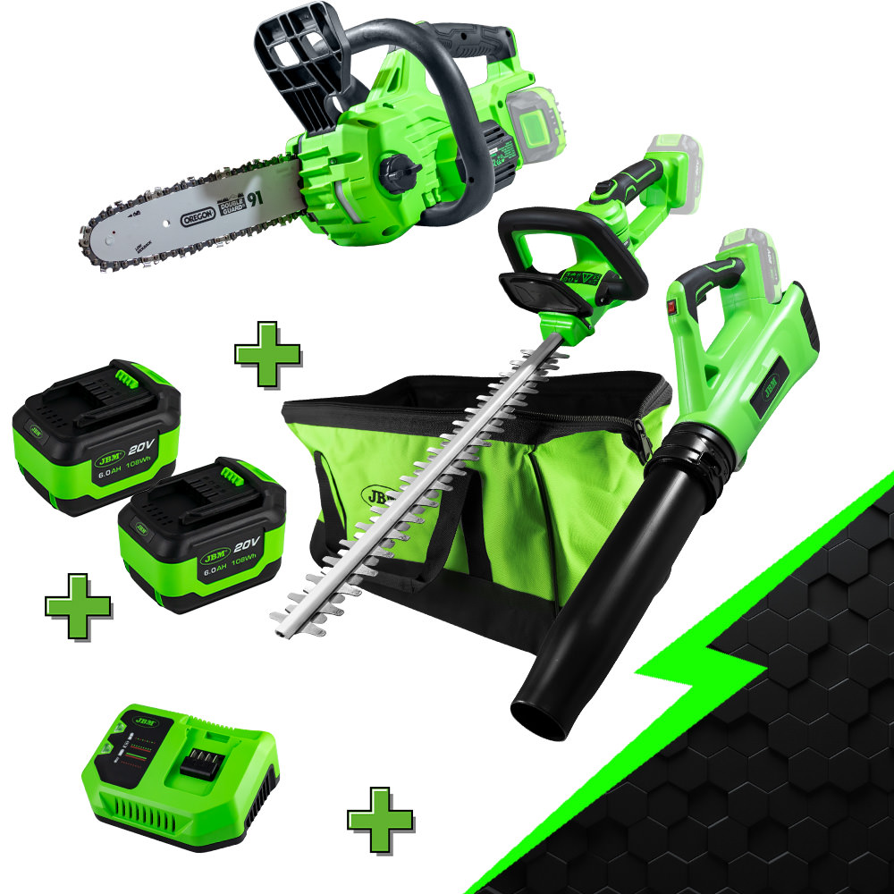 Kit de Ferramentas de Jardim JBM Corta-Sebes, Motosserra e Soprador com Bateria e Carregador