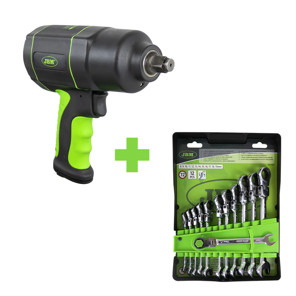 Conjunto de Ferramentas JBM 51318 e 53608 com Pistola de Impacto 1/2" 1200Nm e 12 Chaves Combinadas