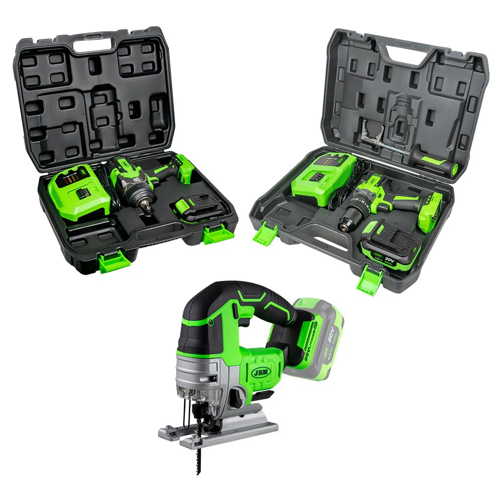 Kit de Ferramentas a Bateria JBM com Berbequim Percutor, Pistola de Impacto 1/2" e Serra de Recortes