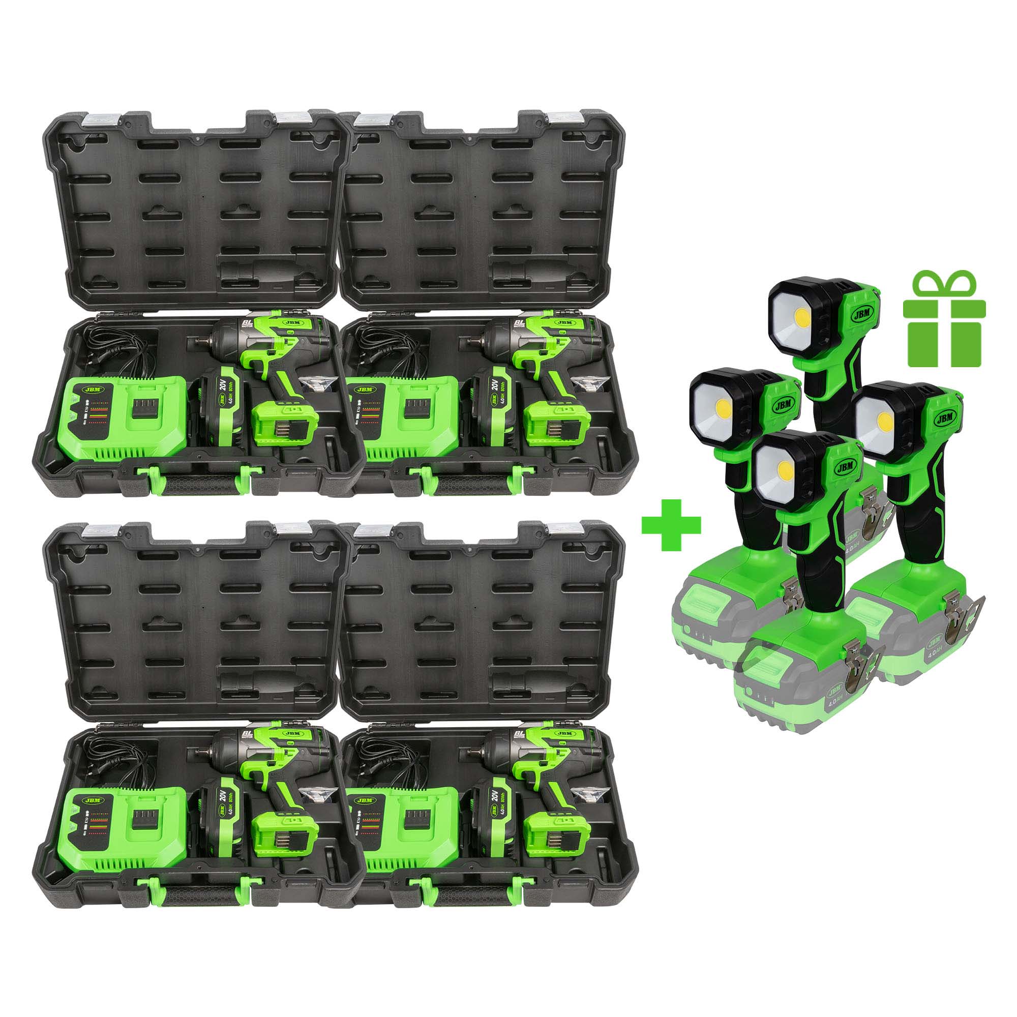 Pack 4 Pistolas de Impacto Brushless a Bateria 1/2" JBM + 4 Candeeiros Portáteis 60035