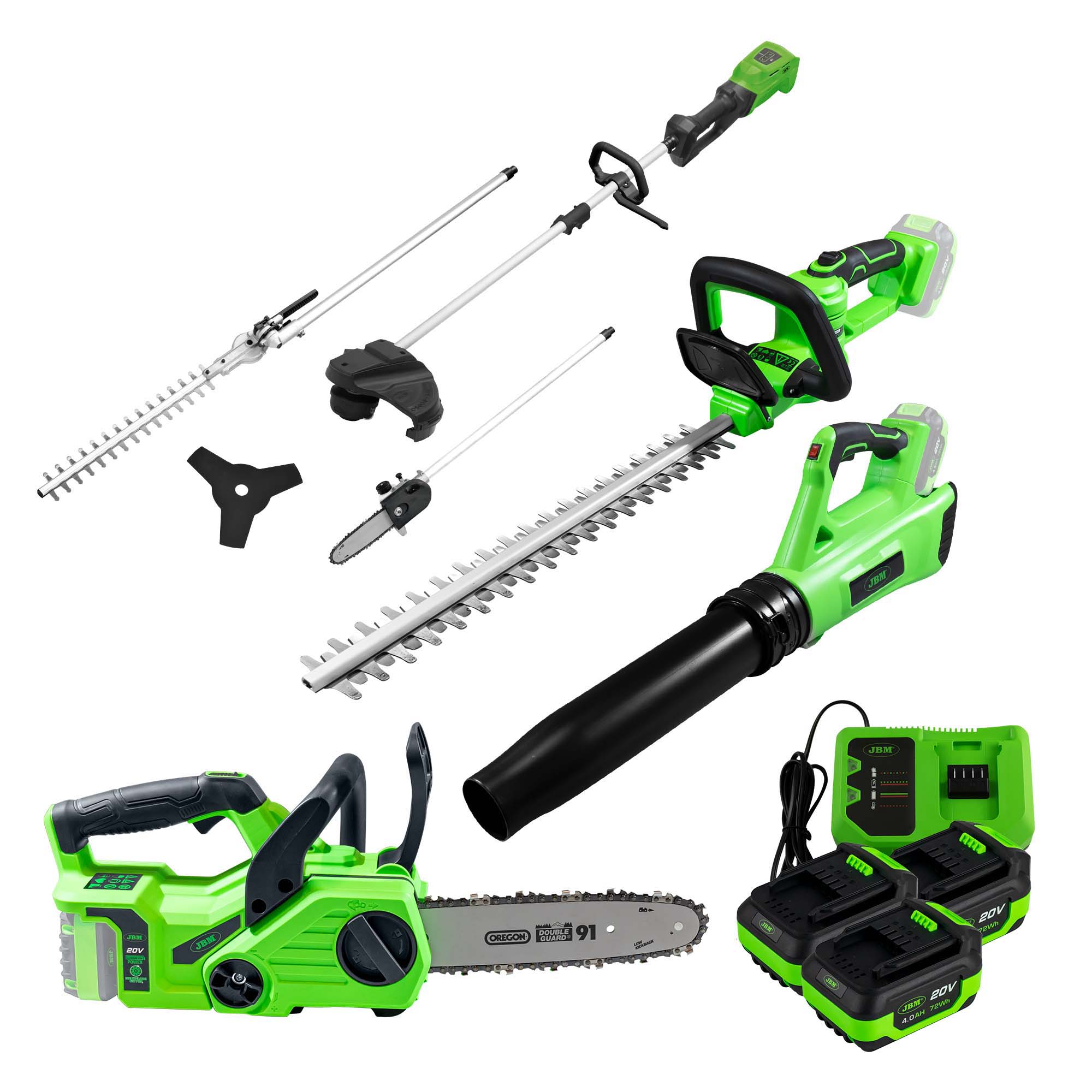 Conjunto Multifunções de Jardim JBM 4 em 1 Motosserra Soprador Corta-sebes Desbrozadora