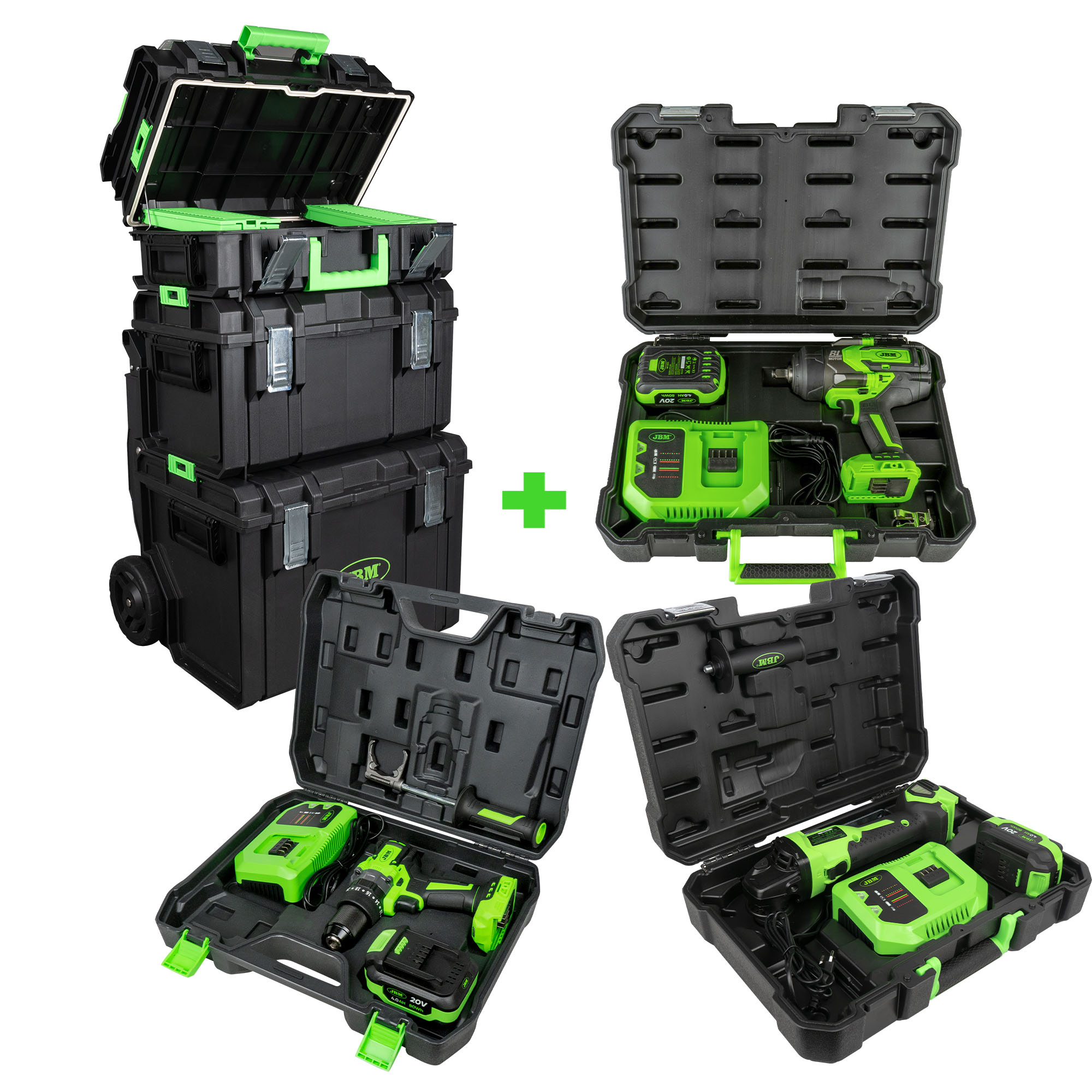 Conjunto Carro Modular Empilhável JBM com Amoladora Angular, Berbequim Percutor e Chave de Impacto