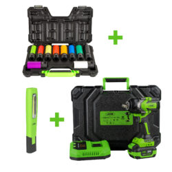 Pack Chave de Impacto JBM 20V 1/2″ 1000Nm com 10 Chaves de Caixa e Lanterna 1000lm