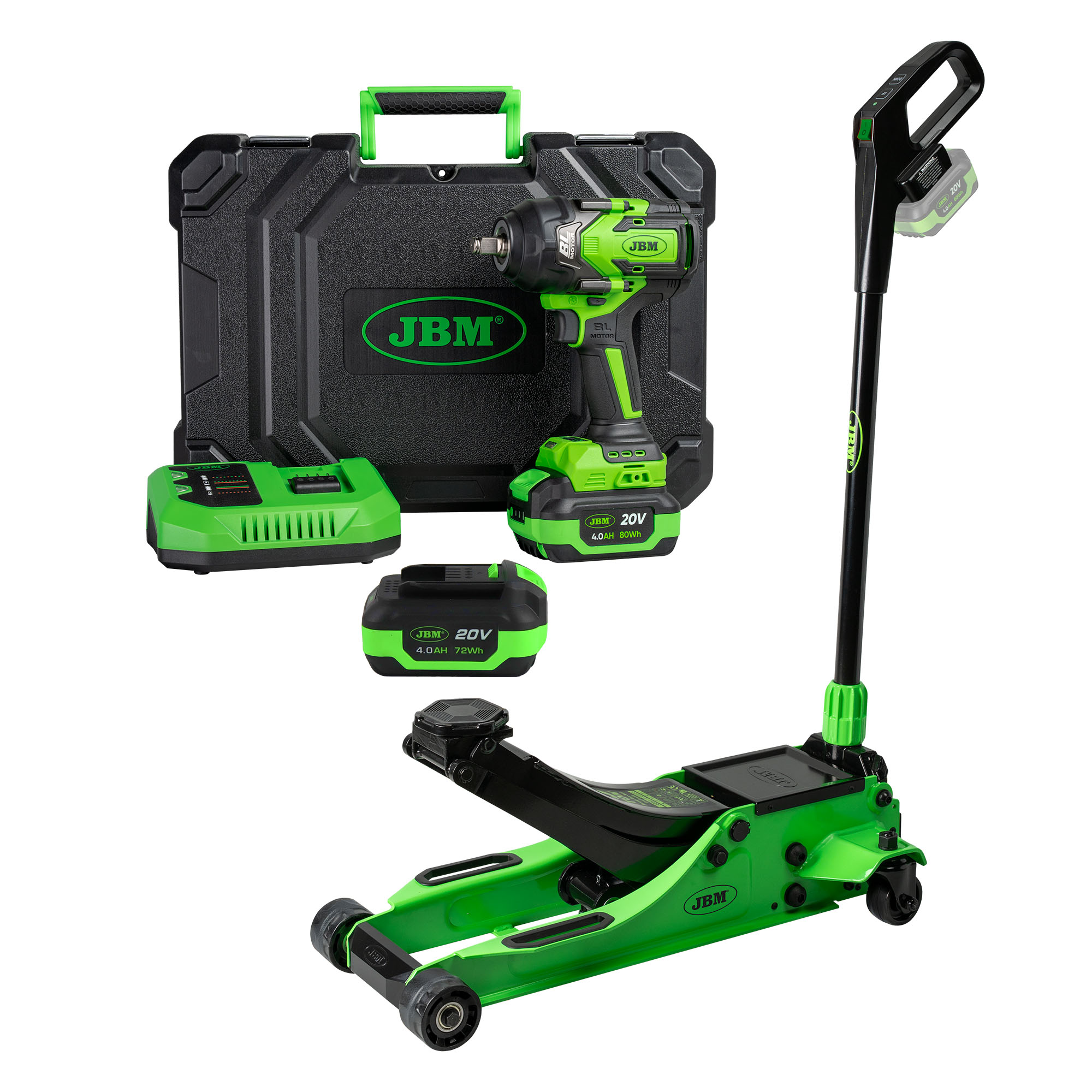 Kit Pistola de Impacto 1/2" 1000Nm, Gato Hidráulico 3T e Bateria 4.0Ah JBM