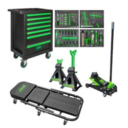 Pack de Oficina JBM com Carro de Ferramentas, Macaco 3,5T, Marquesa e 2 Cavaletes 3T