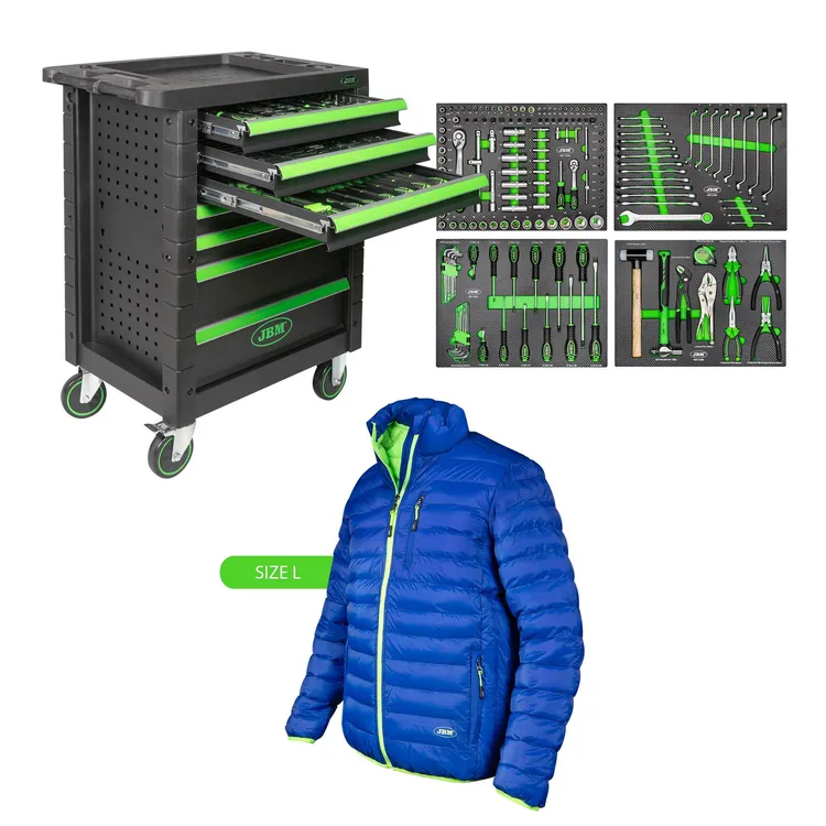 Carro de Ferramentas 7 Gavetas Verde JBM + Casaco Verde-Azul Tamanho L Carro de Ferramentas 7 Gavetas Verde JBM + Casaco Verde-Azul Tamanho L