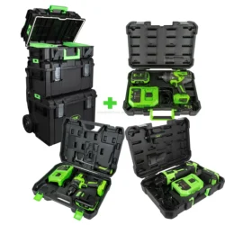 Conjunto Carro Modular Empilhável JBM com Rebarbadora Angular, Berbequim Percutor e Chave de Impacto