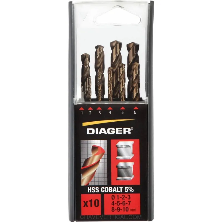 Jogo de 10 Brocas HSS Cobalto DIAGER Ø1-10mm DIN 338