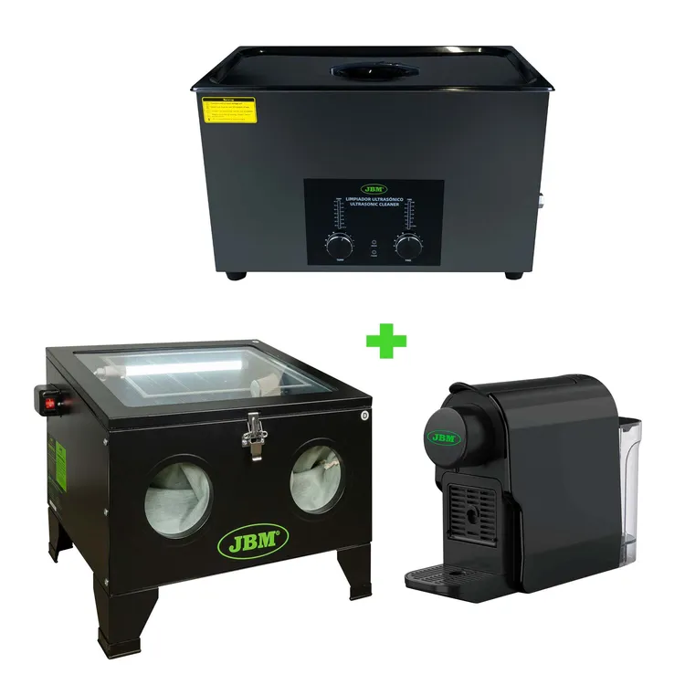Kit de Oficina JBM Limpador Ultrassónico 30L, Máquina de Jato de Areia 90L e Cafeteira Kit de Oficina JBM Limpador Ultrassónico 30L, Máquina de Jato de Areia 90L e Cafeteira