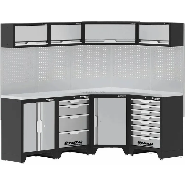 Mobiliário de Oficina de Canto DRAKKAR 4 Elementos com Tampo Inox 3920x488x2000mm