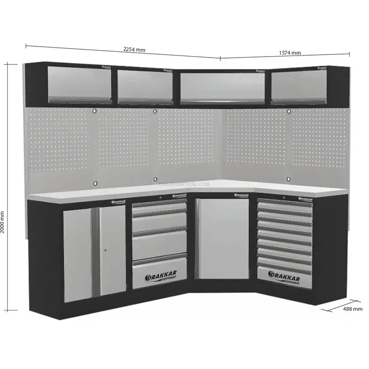 Mobiliário de Oficina de Canto DRAKKAR 4 Elementos com Tampo Inox 3920x488x2000mm