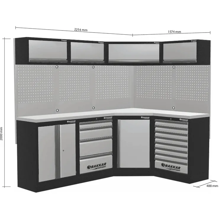 Mobiliário de Oficina de Canto DRAKKAR 4 Elementos com Tampo Inox 3920x488x2000mm