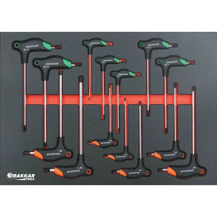 Módulo de Espuma DRAKKAR 567x402mm para Chaves Punho em T Hex/Torx 14 Peças Módulo de Espuma DRAKKAR 567x402mm para Chaves Punho em T Hex/Torx 14 Peças