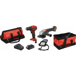 Pack de Ferramentas 20V DRAKKAR Berbequim 40Nm, Rebarbadora 125mm, Projetor LED, 2 Baterias 4Ah e Saco