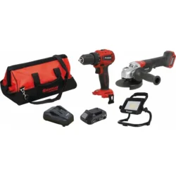 Pack de Ferramentas Sem Fios DRAKKAR 20V Berbequim 40Nm + Rebarbadora 125mm + Projetor LED 35W