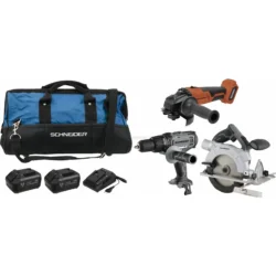 Pack SCHNEIDER 20V Berbequim 50Nm + Rebarbadora 125mm + Serra Circular 165mm 2x5Ah