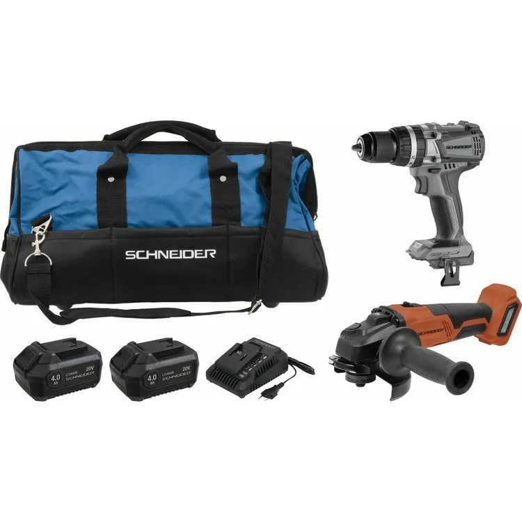 Pack SCHNEIDER 20 V Berbequim 60 Nm e Rebarbadora 125 mm com 2 Baterias 4 Ah