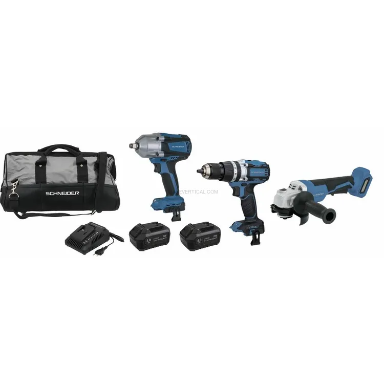 Pack SCHNEIDER 20 V Berbequim 65 Nm, Chave de Impacto 800 Nm e Rebarbadora 125 mm com 2 Baterias 4 Ah