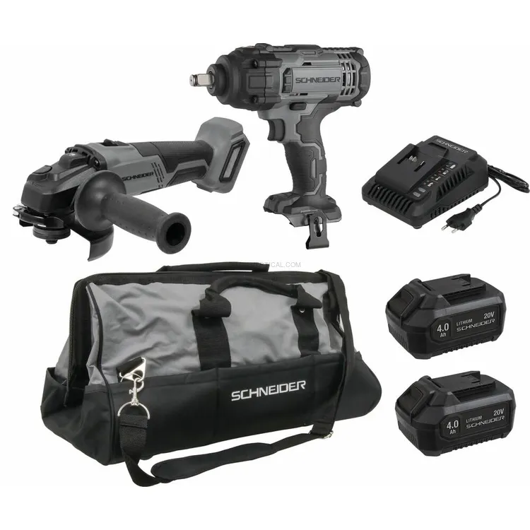 Pack SCHNEIDER 20 V Rebarbadora 125 mm e Chave de Impacto 1/2″ 650 Nm com 2 Baterias 4 Ah