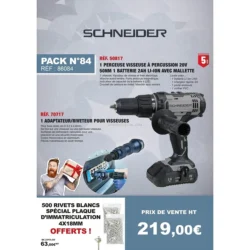Pack SCHNEIDER Berbequim Percutor 20V 50Nm com Adaptador Rebitador e Rebites