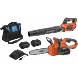 Pack Soprador e Motosserra a Bateria 20V com 2 Baterias 4Ah, Carregador e Saco