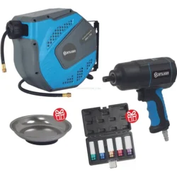 Pack STILKER Enrolador de Mangueira de Ar 20m com Chave de Impacto Pneumática e Acessórios