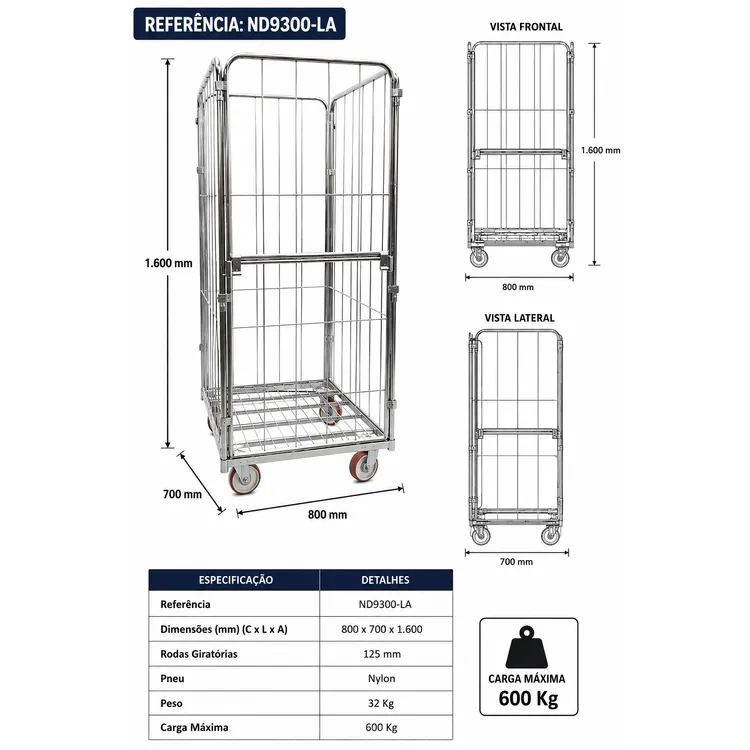 Roll Container Fechado ND 800x700x1600mm 600kg