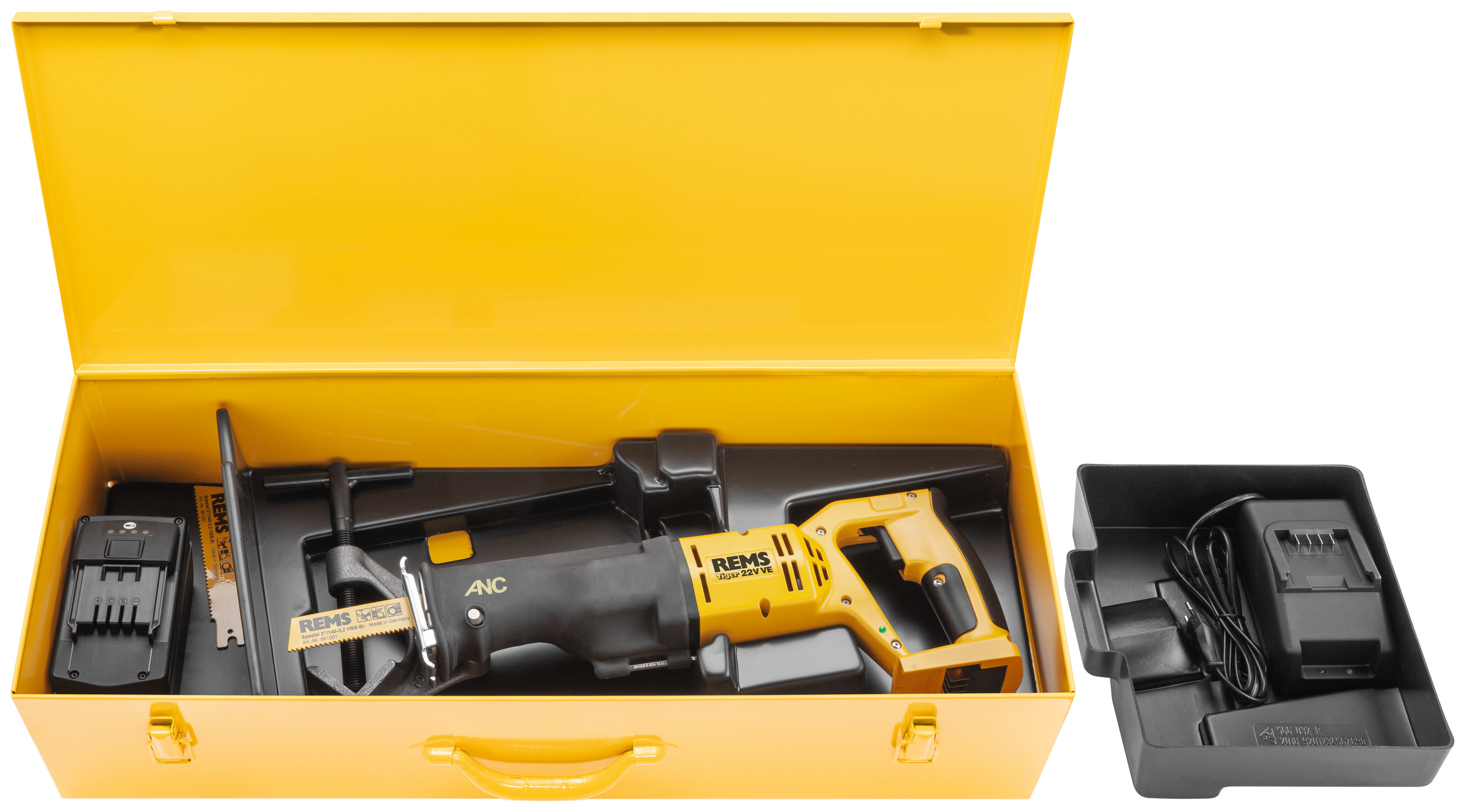 Serra de Sabre a Bateria para Tubos REMS Tiger 22V VE 500 W 1900 CPM com Bateria 9,0 AH REMS Tiger 22V VE Set conjunto