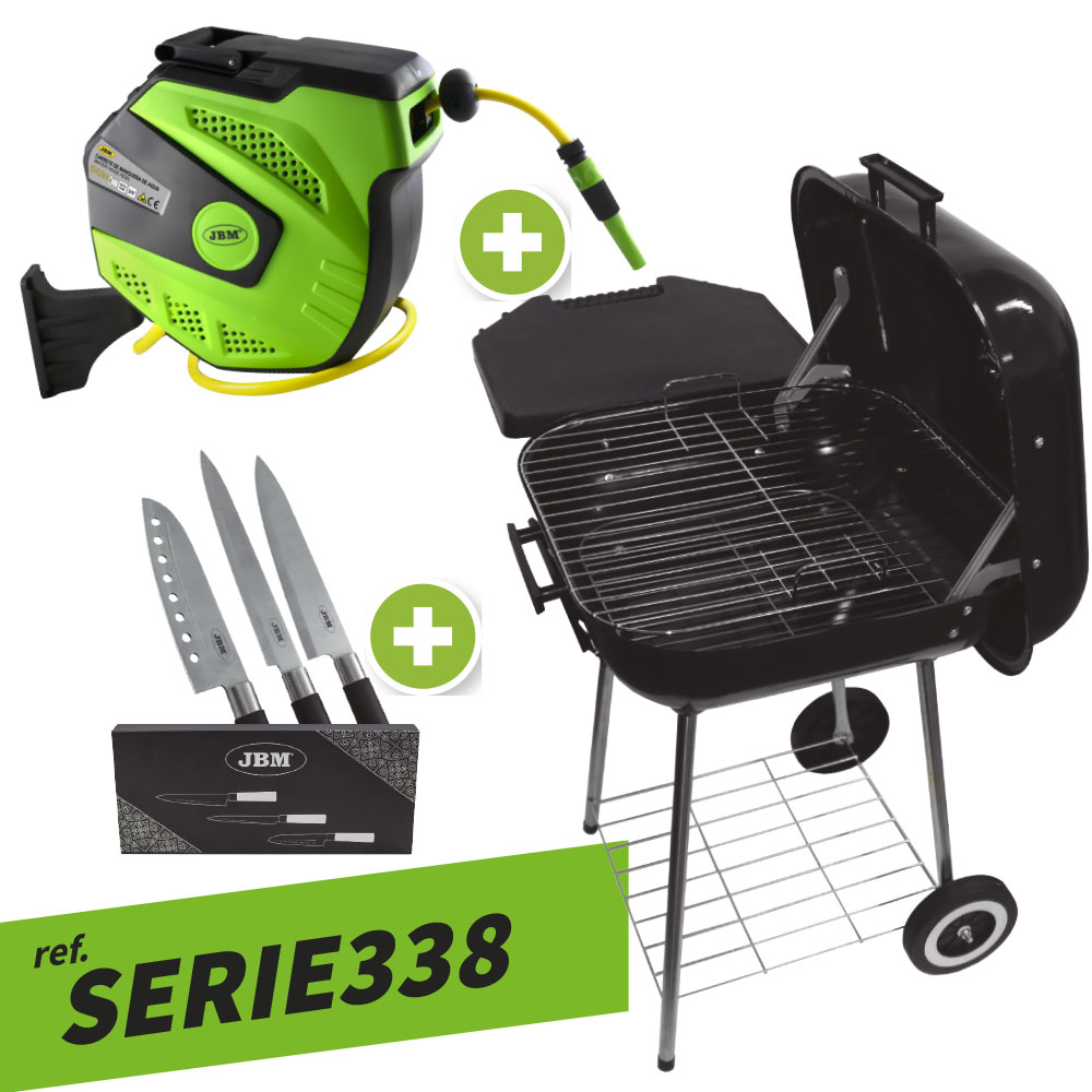 BARBECUE + ENROLADOR DE MANGUEIRA + CONJUNTO 3 FACAS JBM